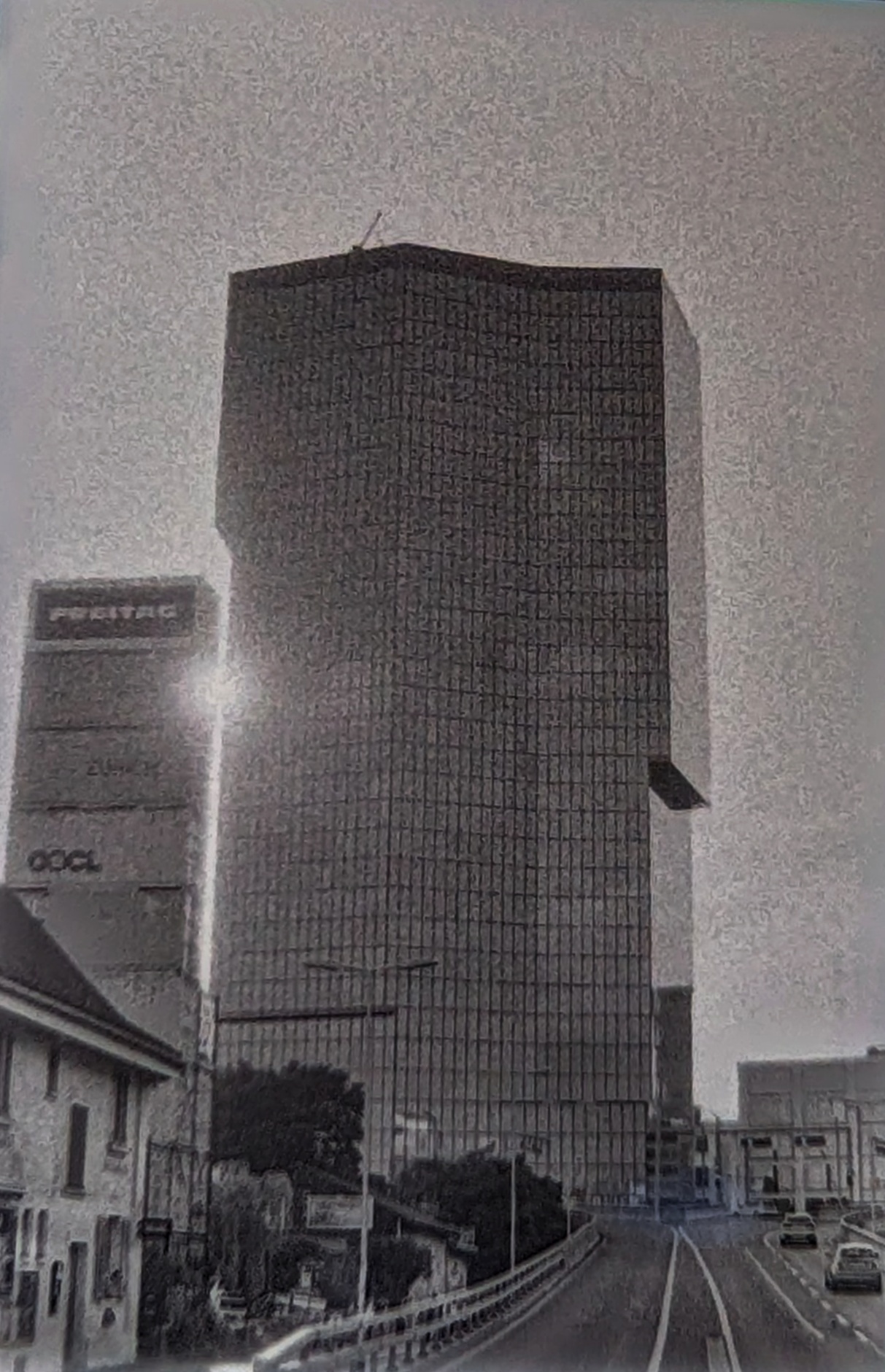 Sun setting between the Freitag container tower and the Primetower